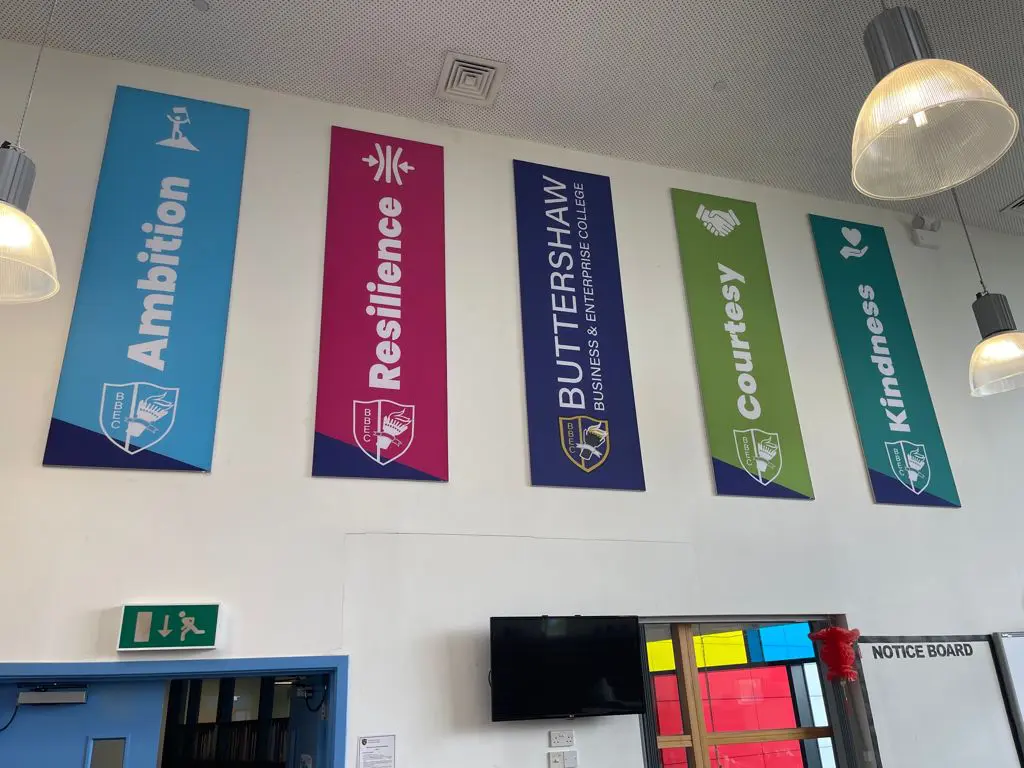 School signs, branding college, covering Bingley, Bradford, Leeds, and Halifax.