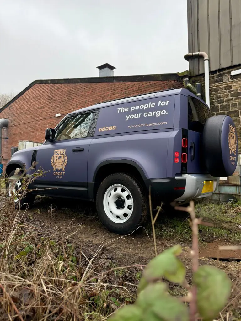 2026 land rover defender 90full wrap vehicle branding graphics for croft cargo bradford covering West Yorkshire, Bingley, Bradford, Leeds, and Halifax.