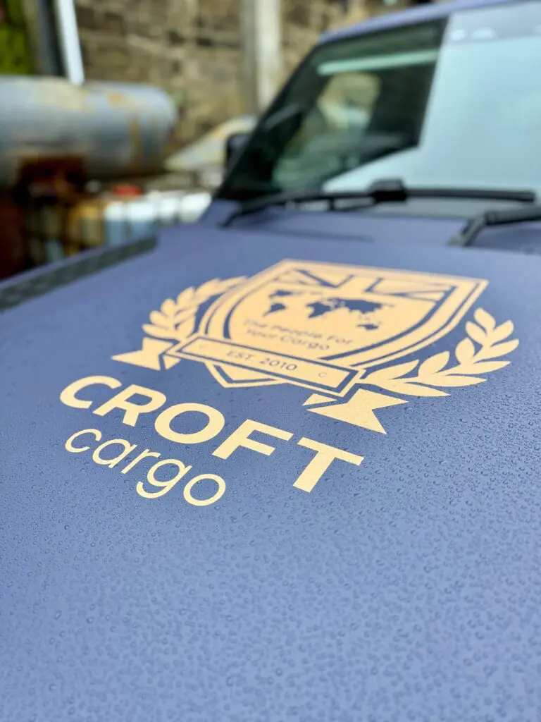 2026 land rover defender 90full wrap vehicle branding graphics for croft cargo bradford covering West Yorkshire, Bingley, Bradford, Leeds, and Halifax.