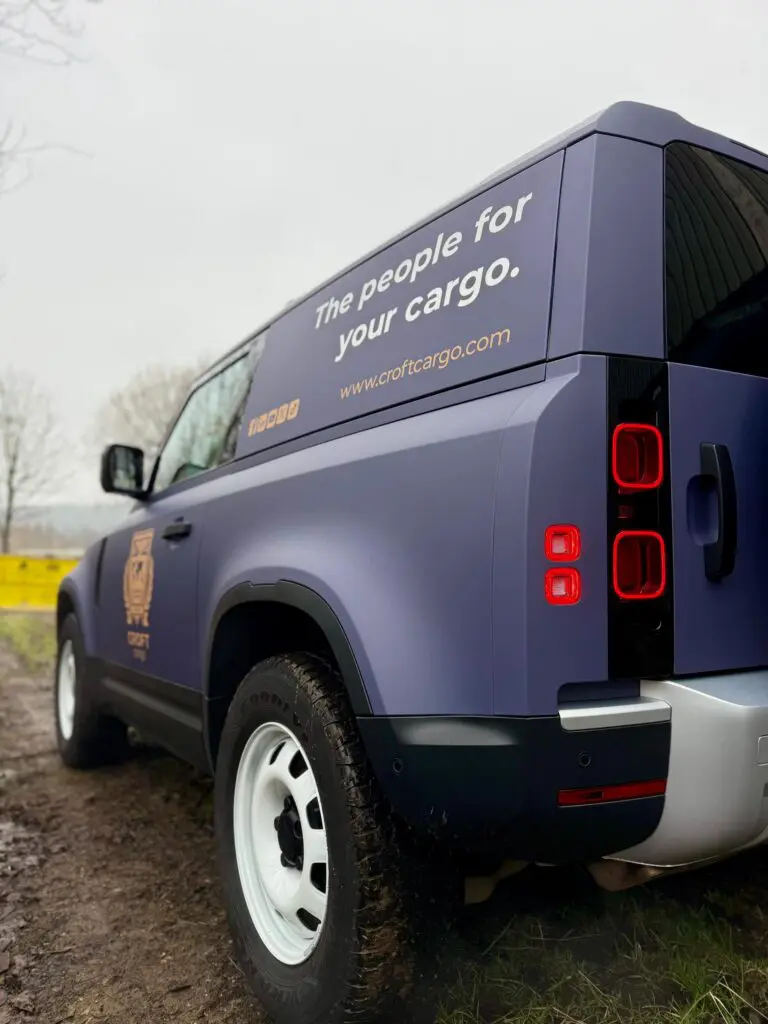 2026 land rover defender 90full wrap vehicle branding graphics for croft cargo bradford covering West Yorkshire, Bingley, Bradford, Leeds, and Halifax.