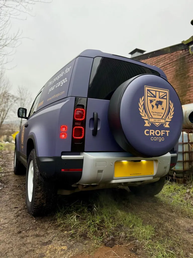 2026 land rover defender 90full wrap vehicle branding graphics for croft cargo bradford covering West Yorkshire, Bingley, Bradford, Leeds, and Halifax.