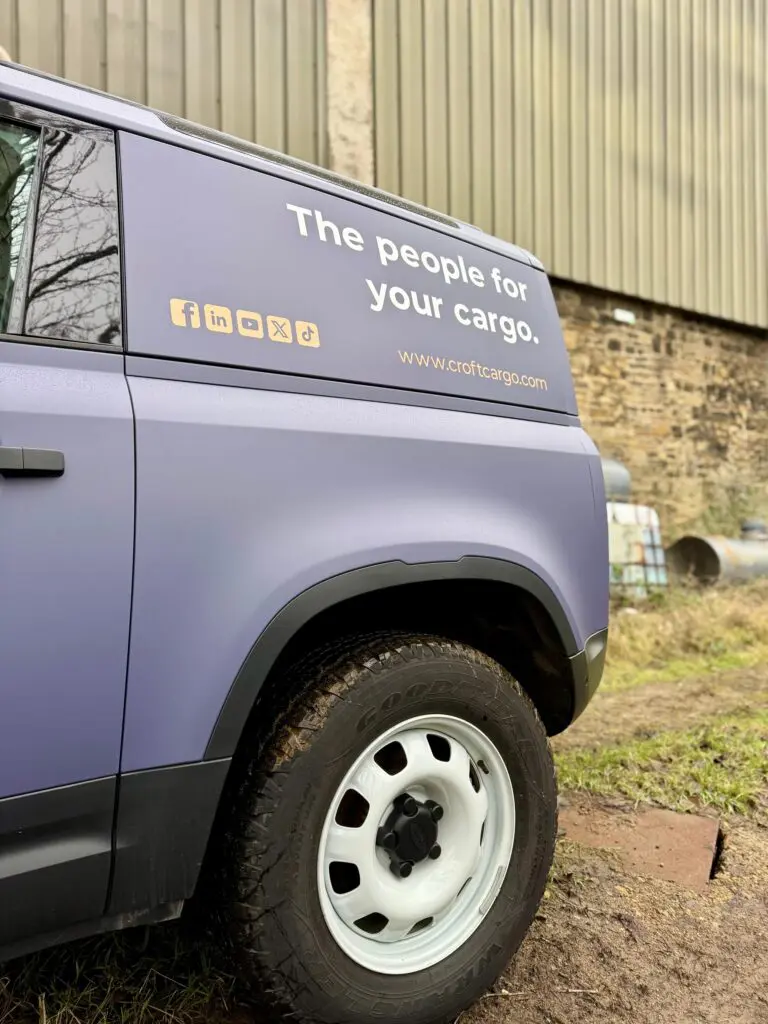 2026 land rover defender 90full wrap vehicle branding graphics for croft cargo bradford covering West Yorkshire, Bingley, Bradford, Leeds, and Halifax.