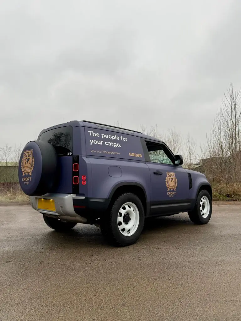 2026 land rover defender 90full wrap vehicle branding graphics for croft cargo bradford covering West Yorkshire, Bingley, Bradford, Leeds, and Halifax.