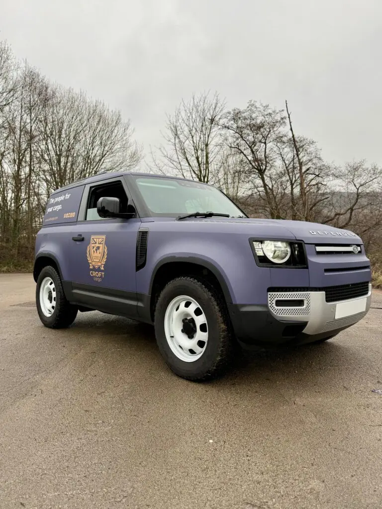2026 land rover defender 90full wrap vehicle branding graphics for croft cargo bradford covering West Yorkshire, Bingley, Bradford, Leeds, and Halifax.