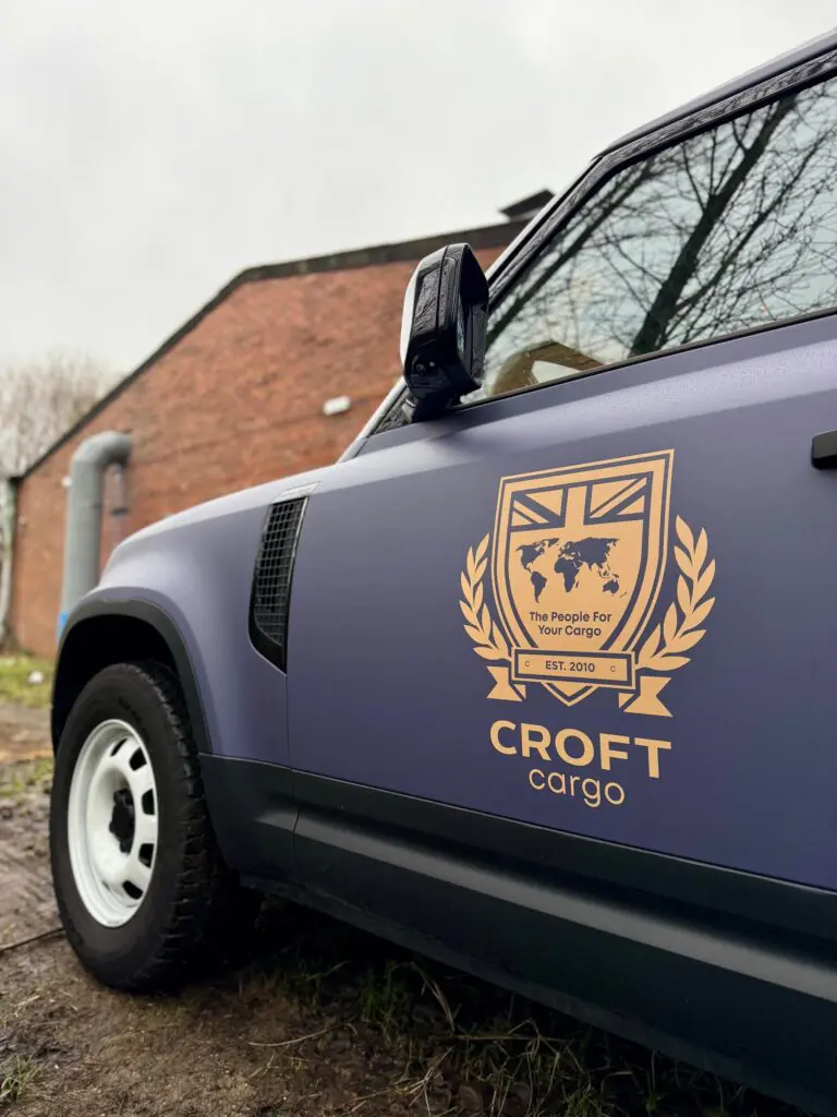 2026 land rover defender 90full wrap vehicle branding graphics for croft cargo bradford covering West Yorkshire, Bingley, Bradford, Leeds, and Halifax.