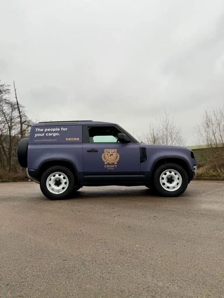 2026 land rover defender 90full wrap vehicle branding graphics for croft cargo bradford covering West Yorkshire, Bingley, Bradford, Leeds, and Halifax.