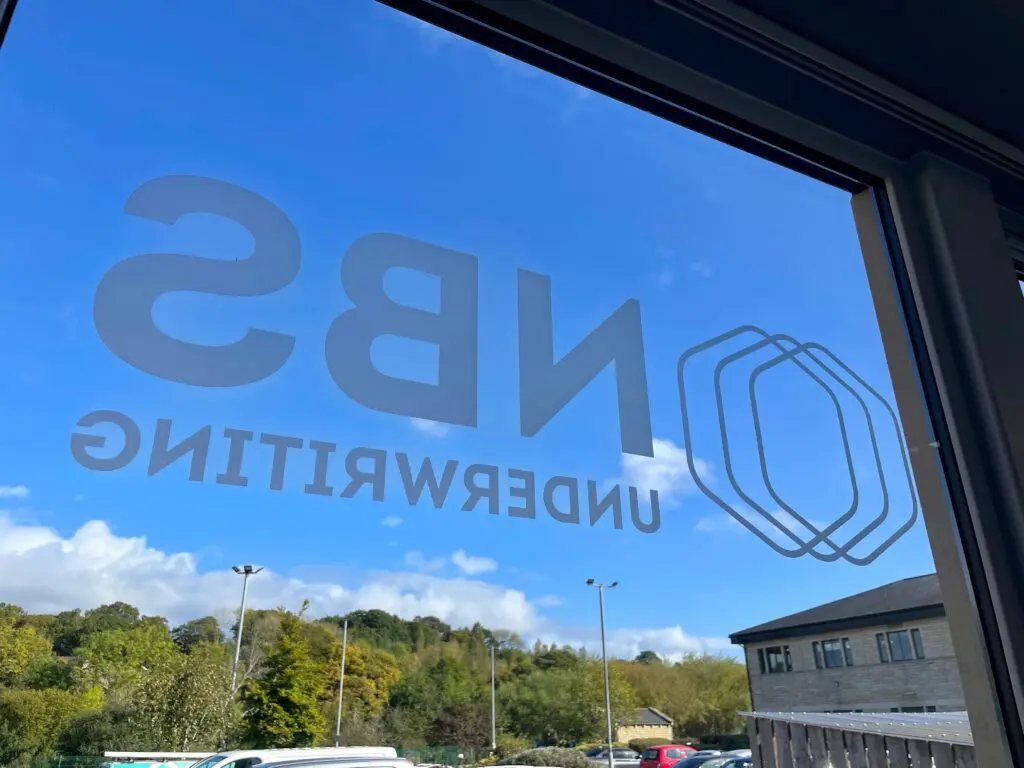etched glass vinyls and window manifestation providing subtle interior branding for the NBS workspace in Yorkshire.