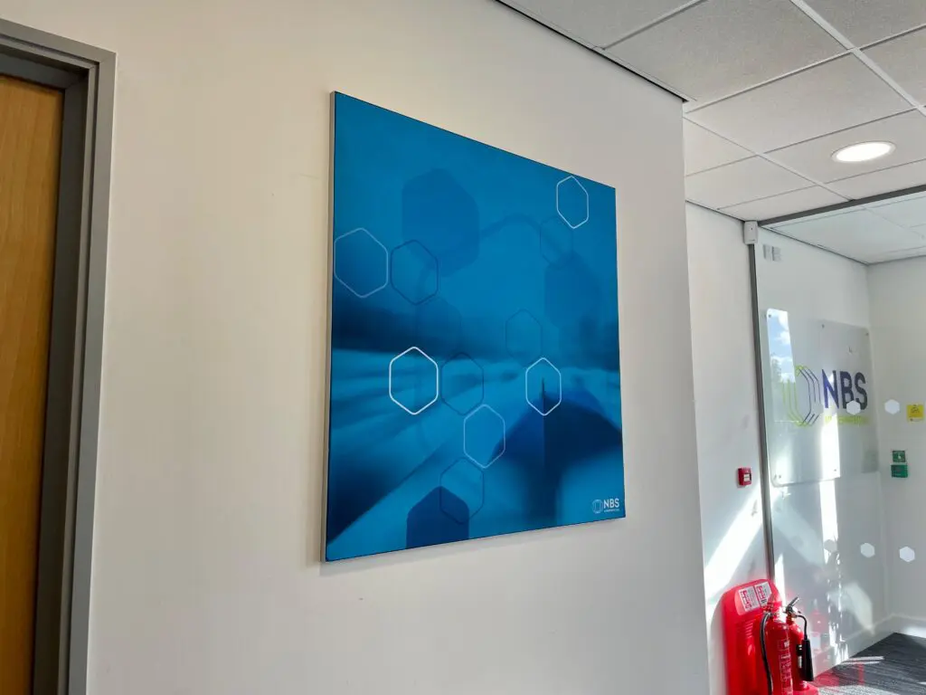 tension fabric displays providing modern interior office signage and corporate branding for the NBS headquarters in Yorkshire.