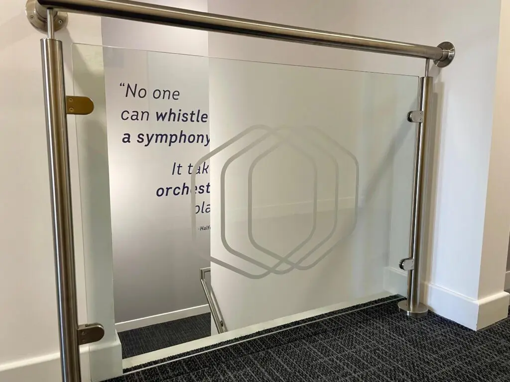window manifestation and office wall graphics manufactured for NBS and commercial clients across the Bradford and Leeds area.